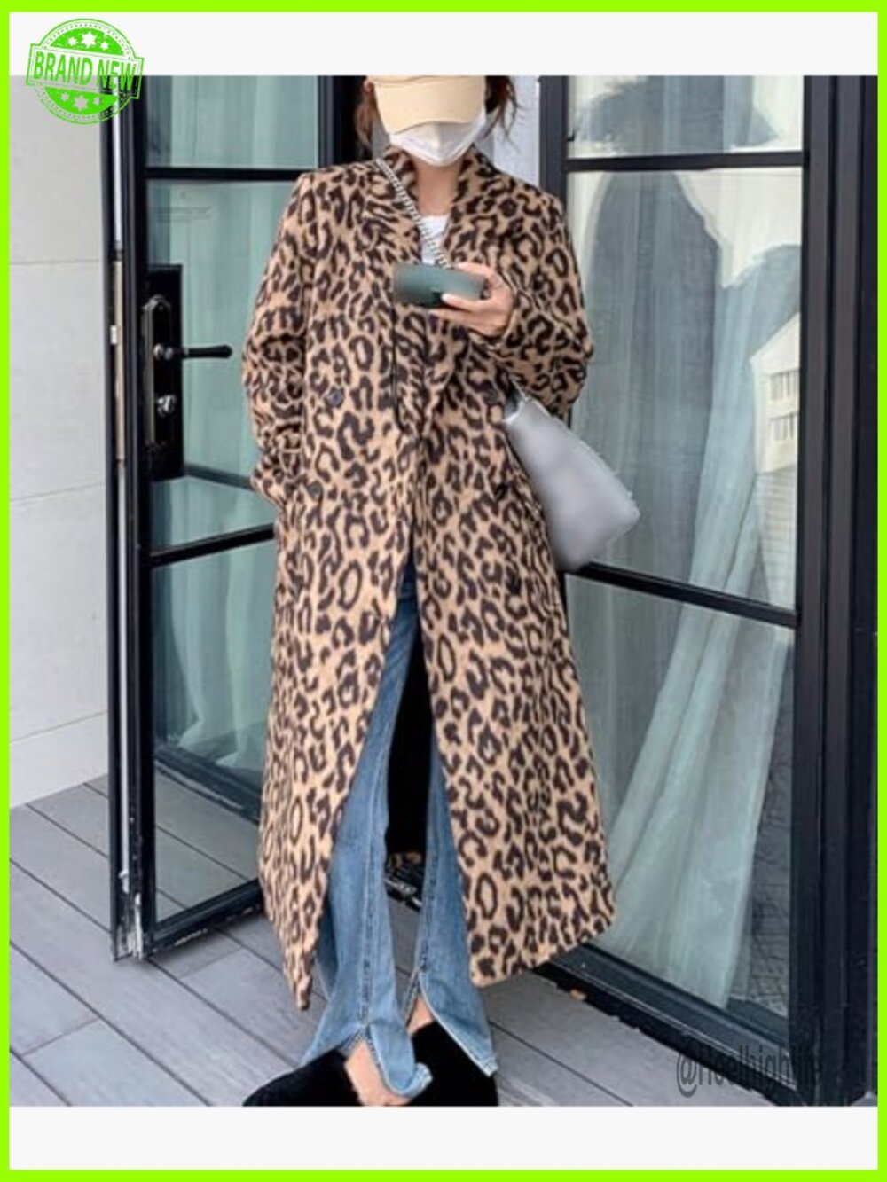 Leopard Print Long Trench Coat Notched Lapel Double Breasted Pea Coat Wool - Picture 3 of 6
